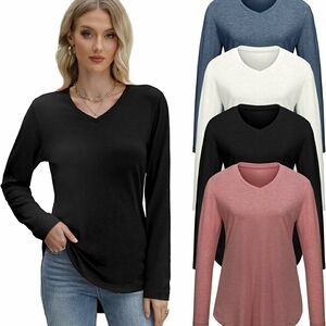 4 pcs Elegant V-Neck Long Sleeve Tops - Black, White, Blue, Pink